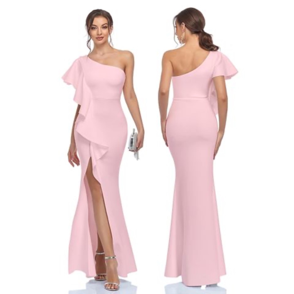 One Shoulder Ruffled Split Mermaid Evening Gown Cocktail Long Formal Dress